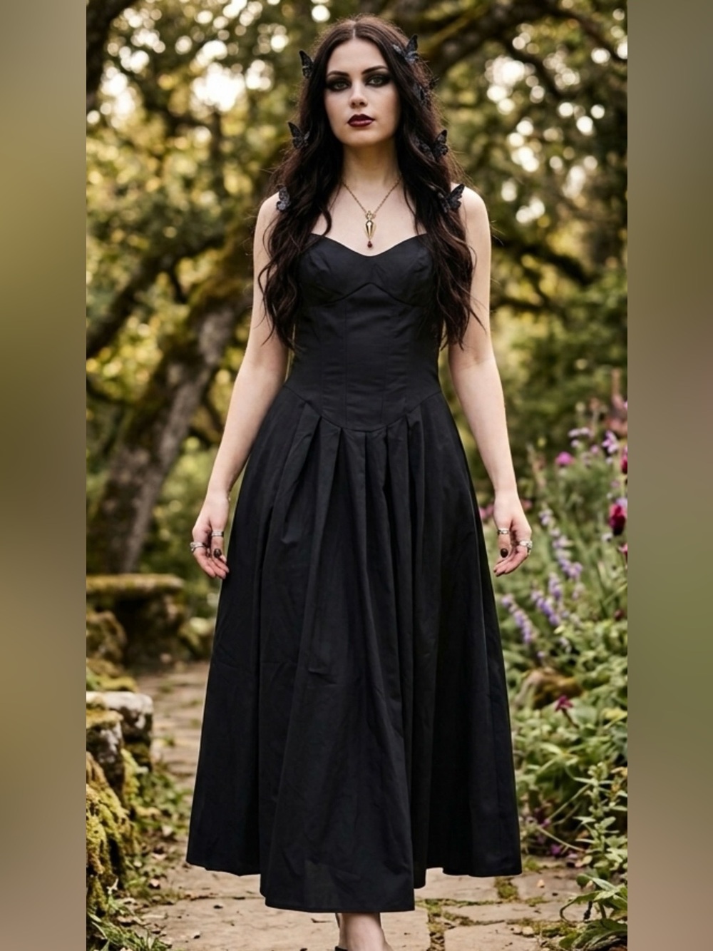 MICAS Sweetheart Neck Spaghetti Strap Faux Corset Pleated Black Midi Dress S NWT